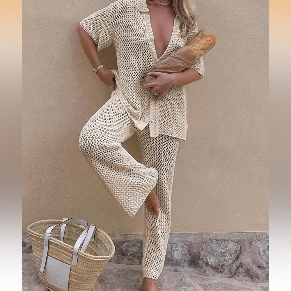 Women’s Knit Wide-Leg Pants and Shirt Set - XL Cream